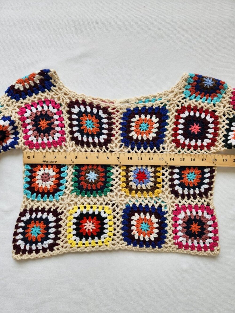 Colorful Crochet Granny Square Sweater Summer Beach Festival Boho Hippie Cropped - Picture 7 of 8